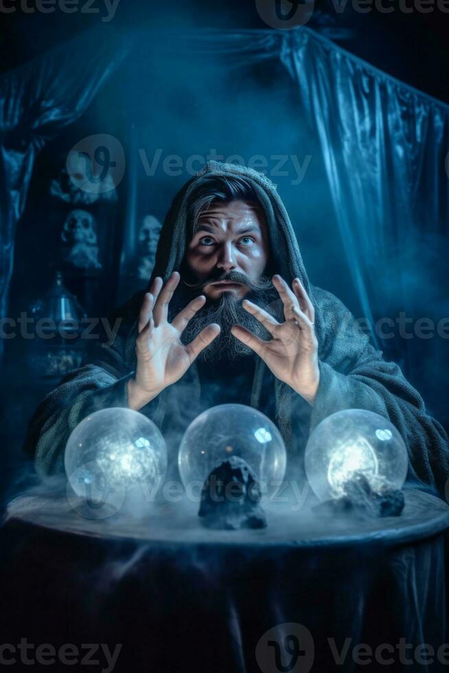 Man telling from a crystal ball dressed as a mysterious fortune teller AI Generative photo