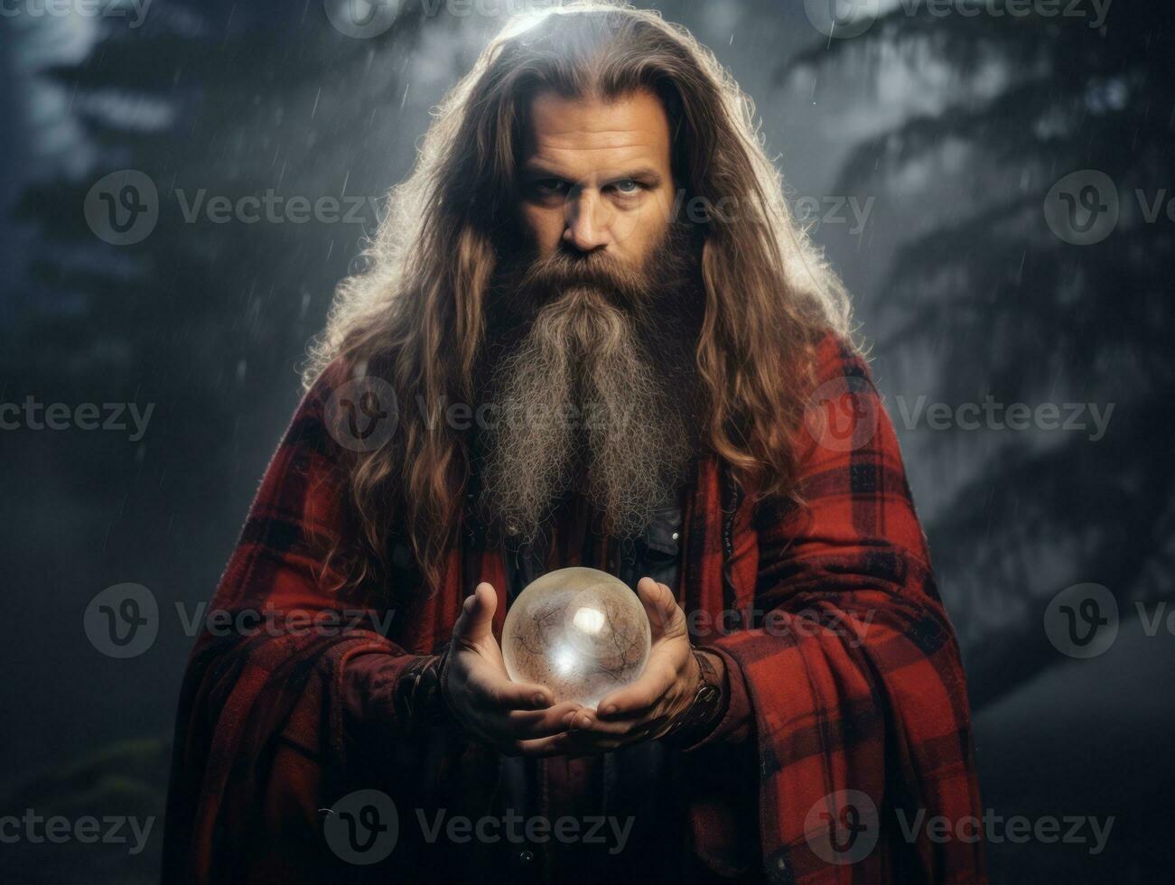 Man telling from a crystal ball dressed as a mysterious fortune teller AI Generative photo