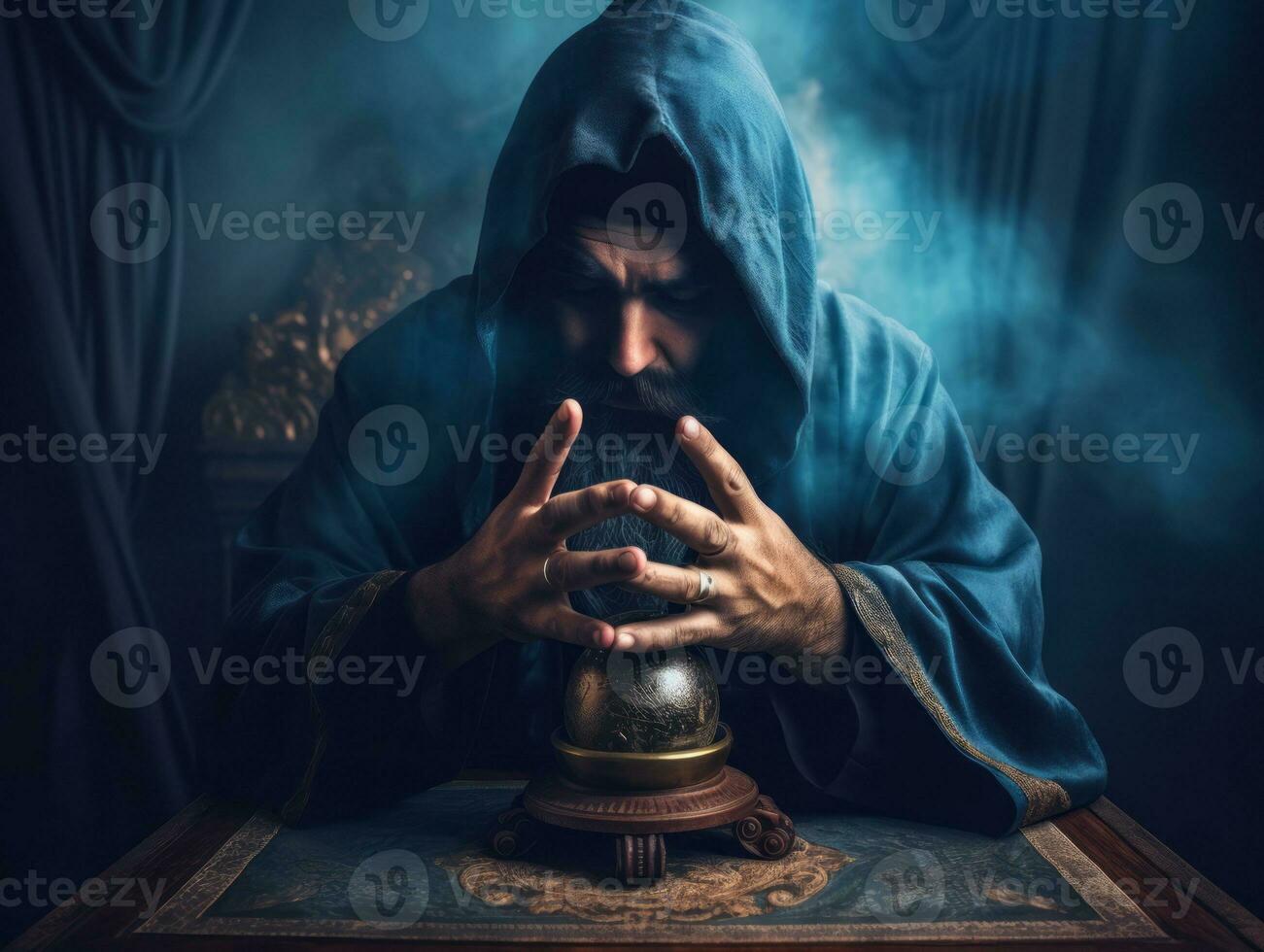 Man telling from a crystal ball dressed as a mysterious fortune teller AI Generative photo