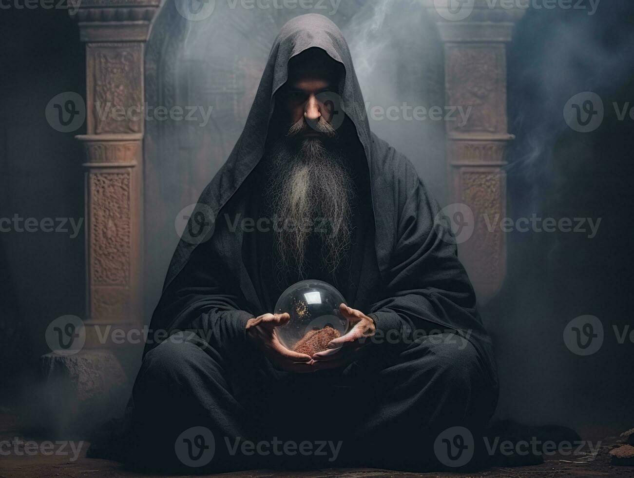 Man telling from a crystal ball dressed as a mysterious fortune teller AI Generative photo