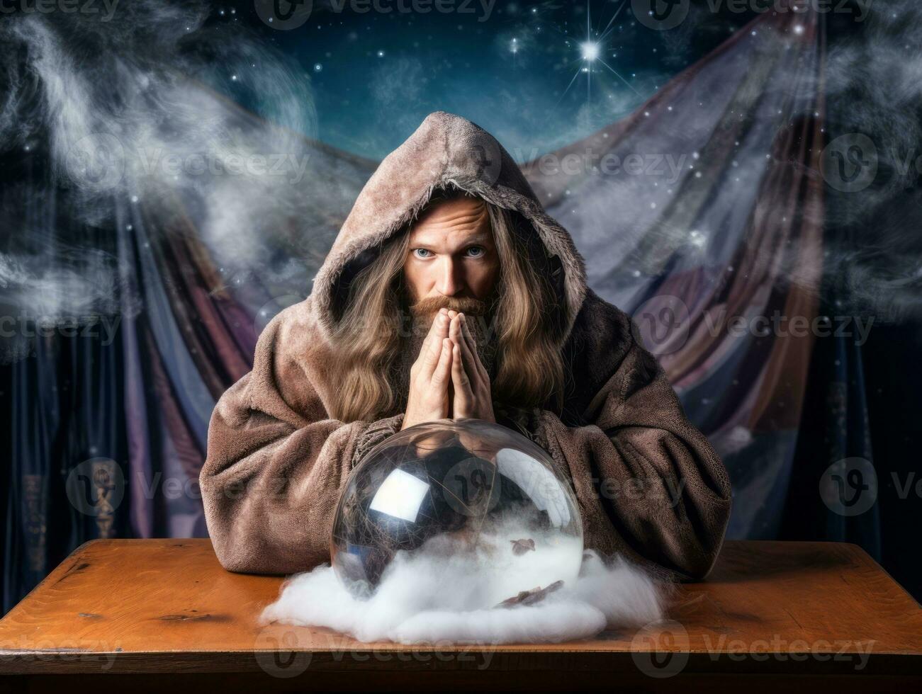 Man telling from a crystal ball dressed as a mysterious fortune teller AI Generative photo