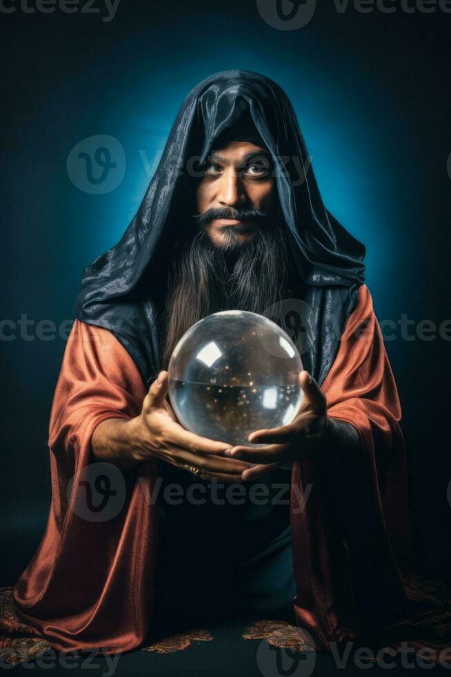 Man telling from a crystal ball dressed as a mysterious fortune teller AI Generative photo