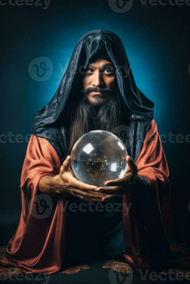 hombre narración desde un cristal pelota vestido como un misterioso fortuna cajero ai generativo foto