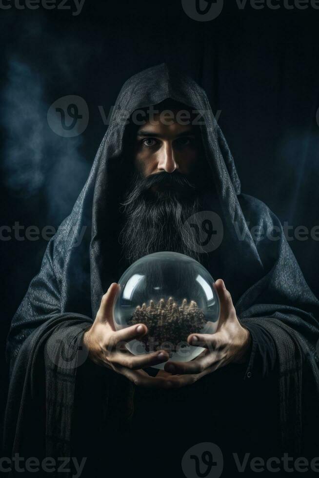 Man telling from a crystal ball dressed as a mysterious fortune teller AI Generative photo