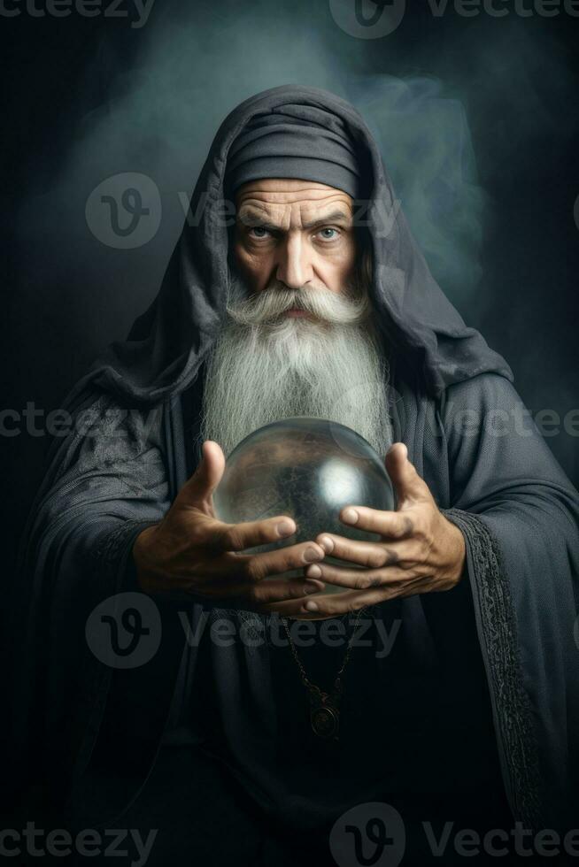 hombre narración desde un cristal pelota vestido como un misterioso fortuna cajero ai generativo foto