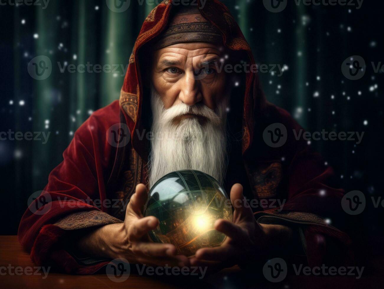 Man telling from a crystal ball dressed as a mysterious fortune teller AI Generative photo