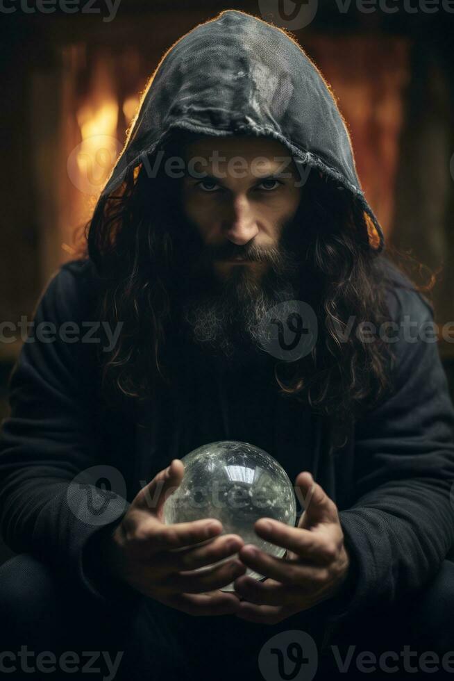 Man telling from a crystal ball dressed as a mysterious fortune teller AI Generative photo