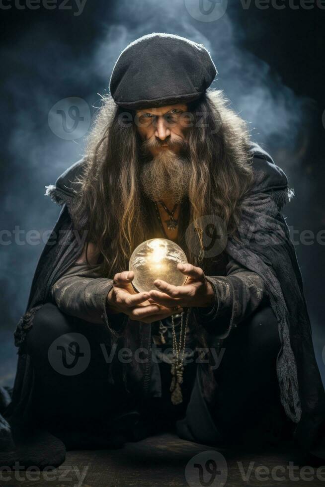 hombre narración desde un cristal pelota vestido como un misterioso fortuna cajero ai generativo foto