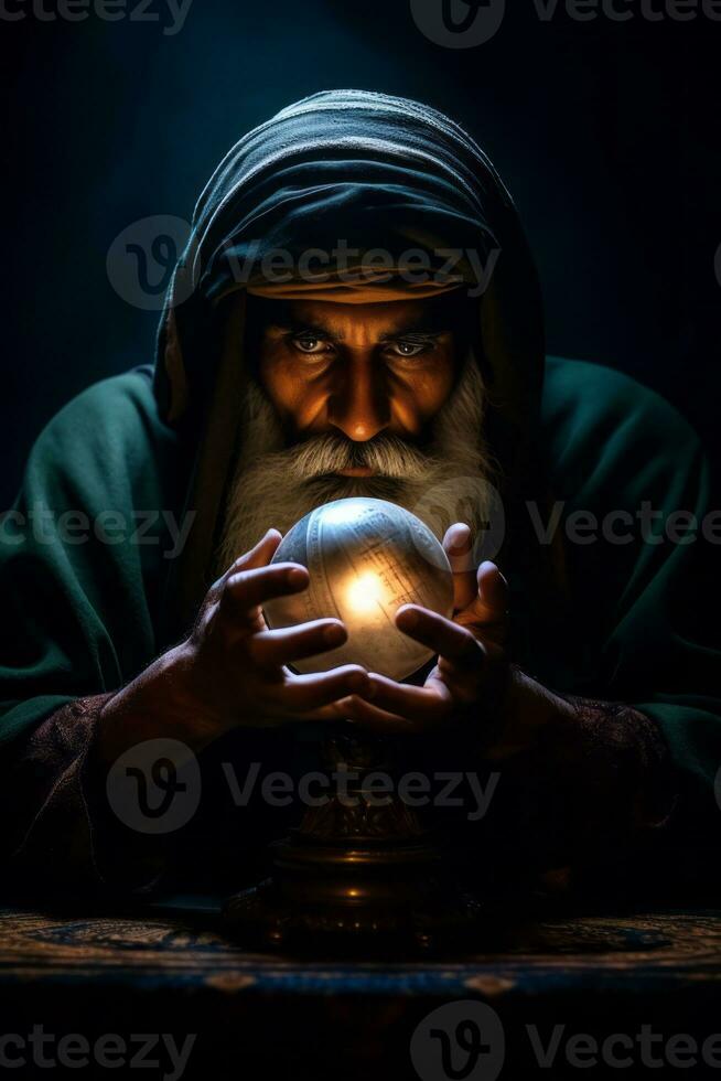 Man telling from a crystal ball dressed as a mysterious fortune teller AI Generative photo