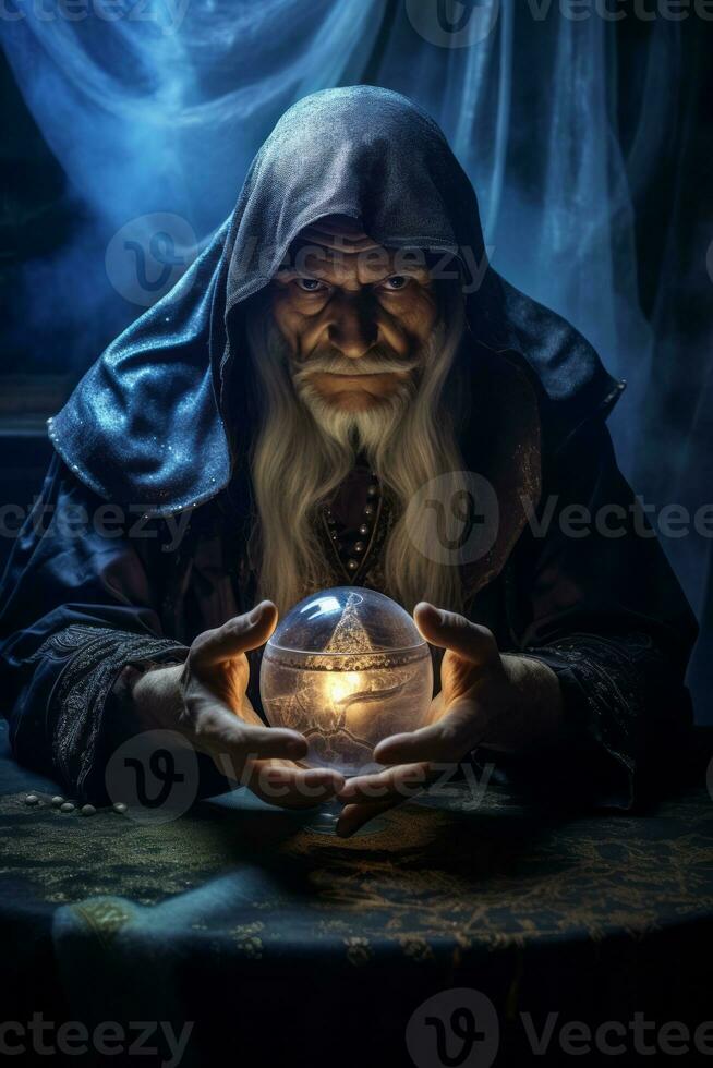 Man telling from a crystal ball dressed as a mysterious fortune teller AI Generative photo