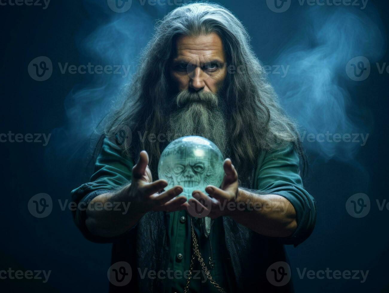 Man telling from a crystal ball dressed as a mysterious fortune teller AI Generative photo