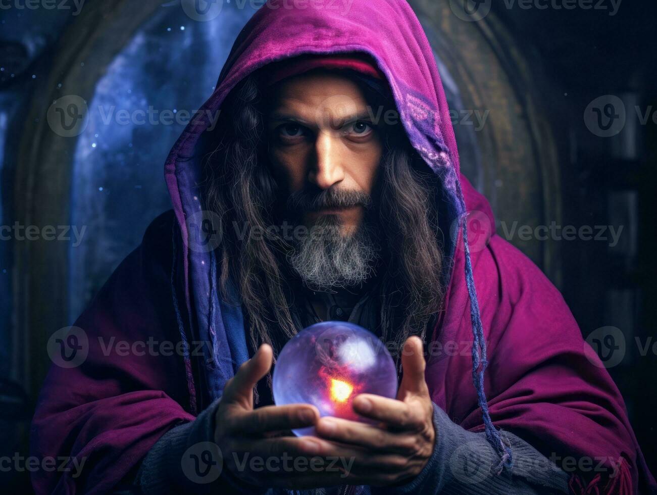 hombre narración desde un cristal pelota vestido como un misterioso fortuna cajero ai generativo foto