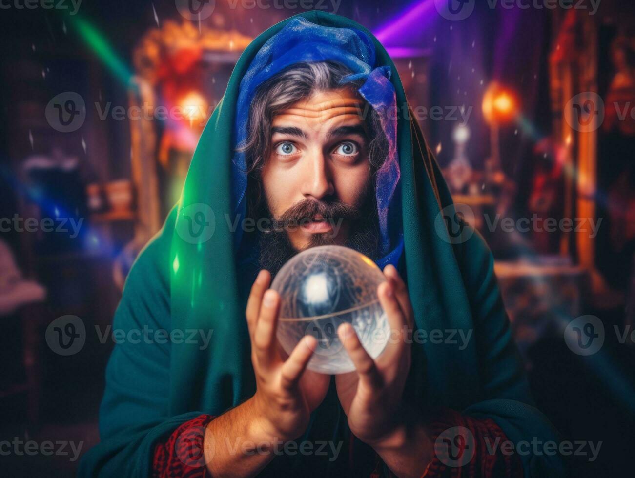 Man telling from a crystal ball dressed as a mysterious fortune teller AI Generative photo