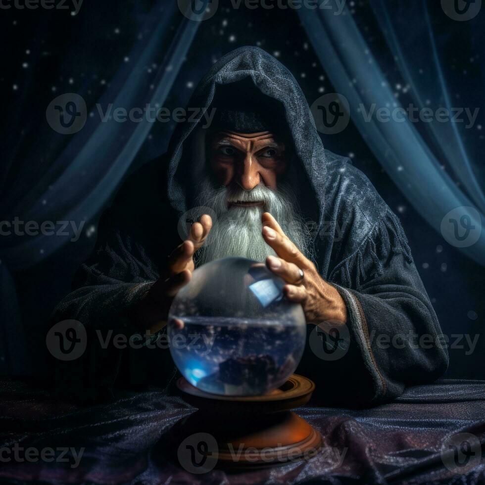 Man telling from a crystal ball dressed as a mysterious fortune teller AI Generative photo
