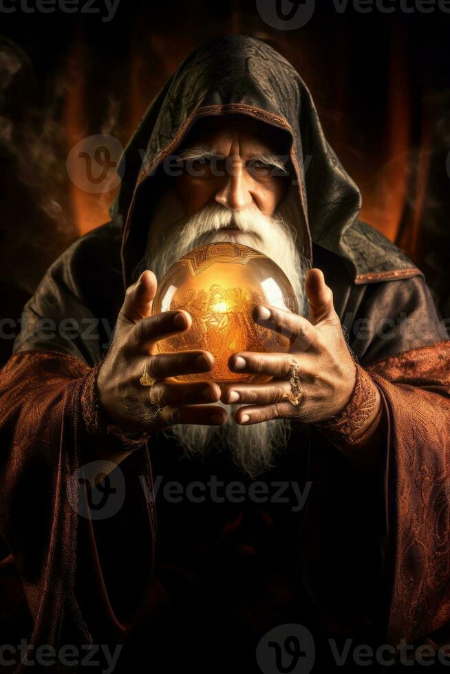 hombre narración desde un cristal pelota vestido como un misterioso fortuna cajero ai generativo foto