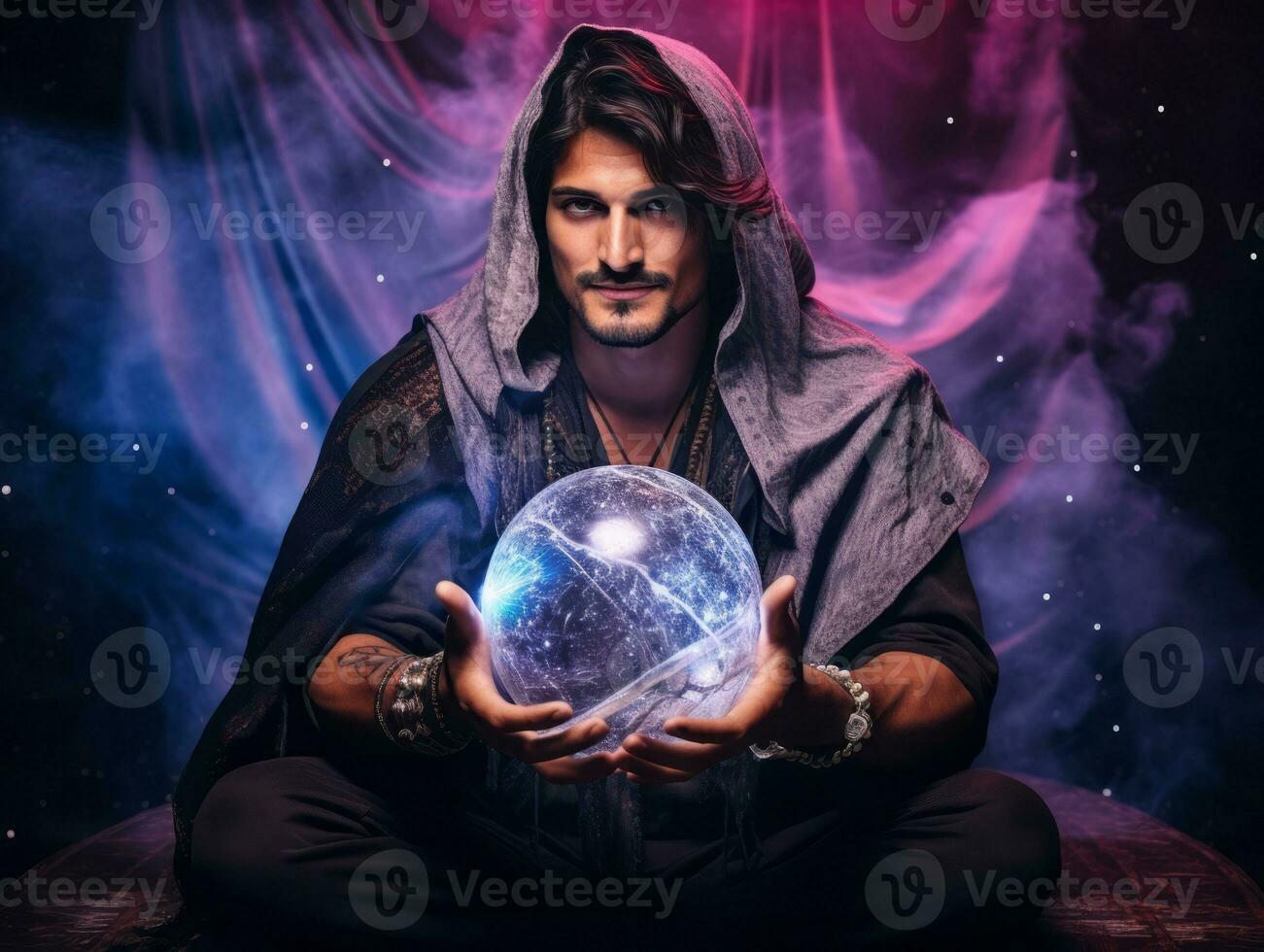 Man telling from a crystal ball dressed as a mysterious fortune teller AI Generative photo