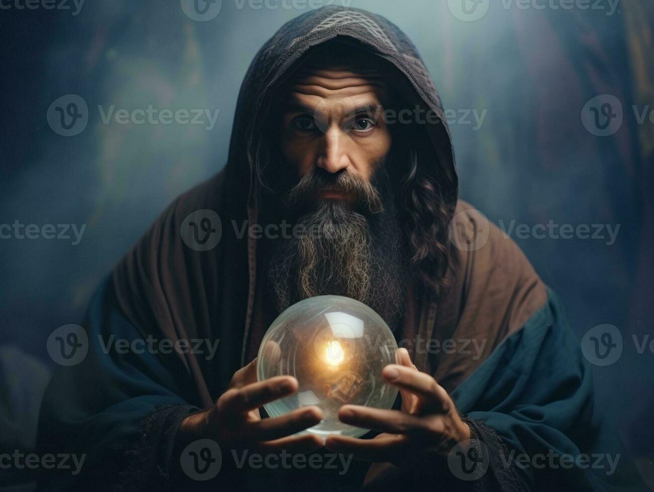 Man telling from a crystal ball dressed as a mysterious fortune teller AI Generative photo