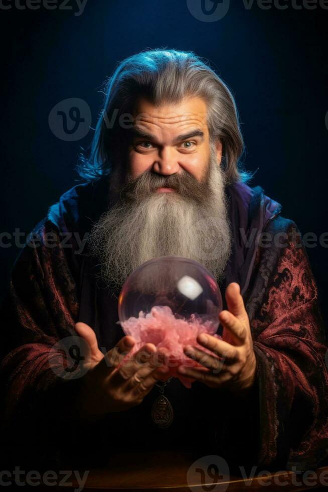 hombre narración desde un cristal pelota vestido como un misterioso fortuna cajero ai generativo foto