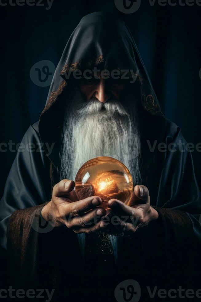 Man telling from a crystal ball dressed as a mysterious fortune teller AI Generative photo