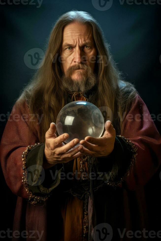 hombre narración desde un cristal pelota vestido como un misterioso fortuna cajero ai generativo foto