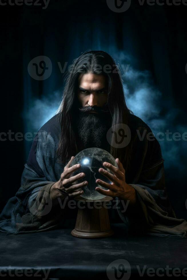 Man telling from a crystal ball dressed as a mysterious fortune teller AI Generative photo