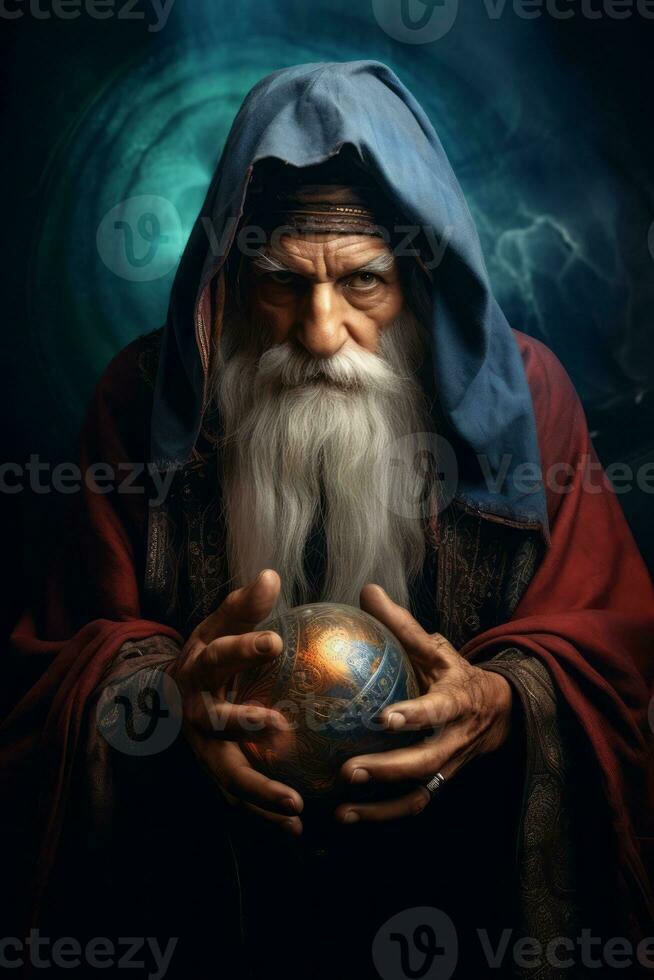 hombre narración desde un cristal pelota vestido como un misterioso fortuna cajero ai generativo foto