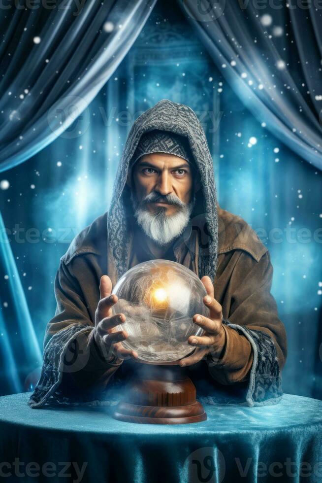 Man telling from a crystal ball dressed as a mysterious fortune teller AI Generative photo