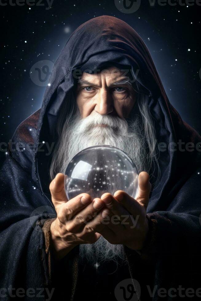 Man telling from a crystal ball dressed as a mysterious fortune teller AI Generative photo