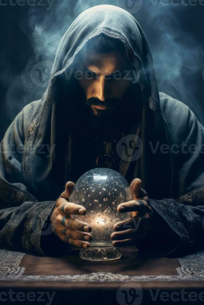 Man telling from a crystal ball dressed as a mysterious fortune teller AI Generative photo