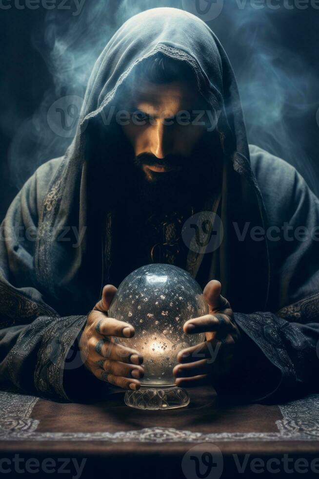 hombre narración desde un cristal pelota vestido como un misterioso fortuna cajero ai generativo foto