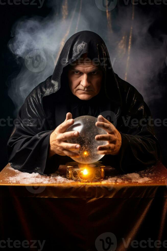 Man telling from a crystal ball dressed as a mysterious fortune teller AI Generative photo