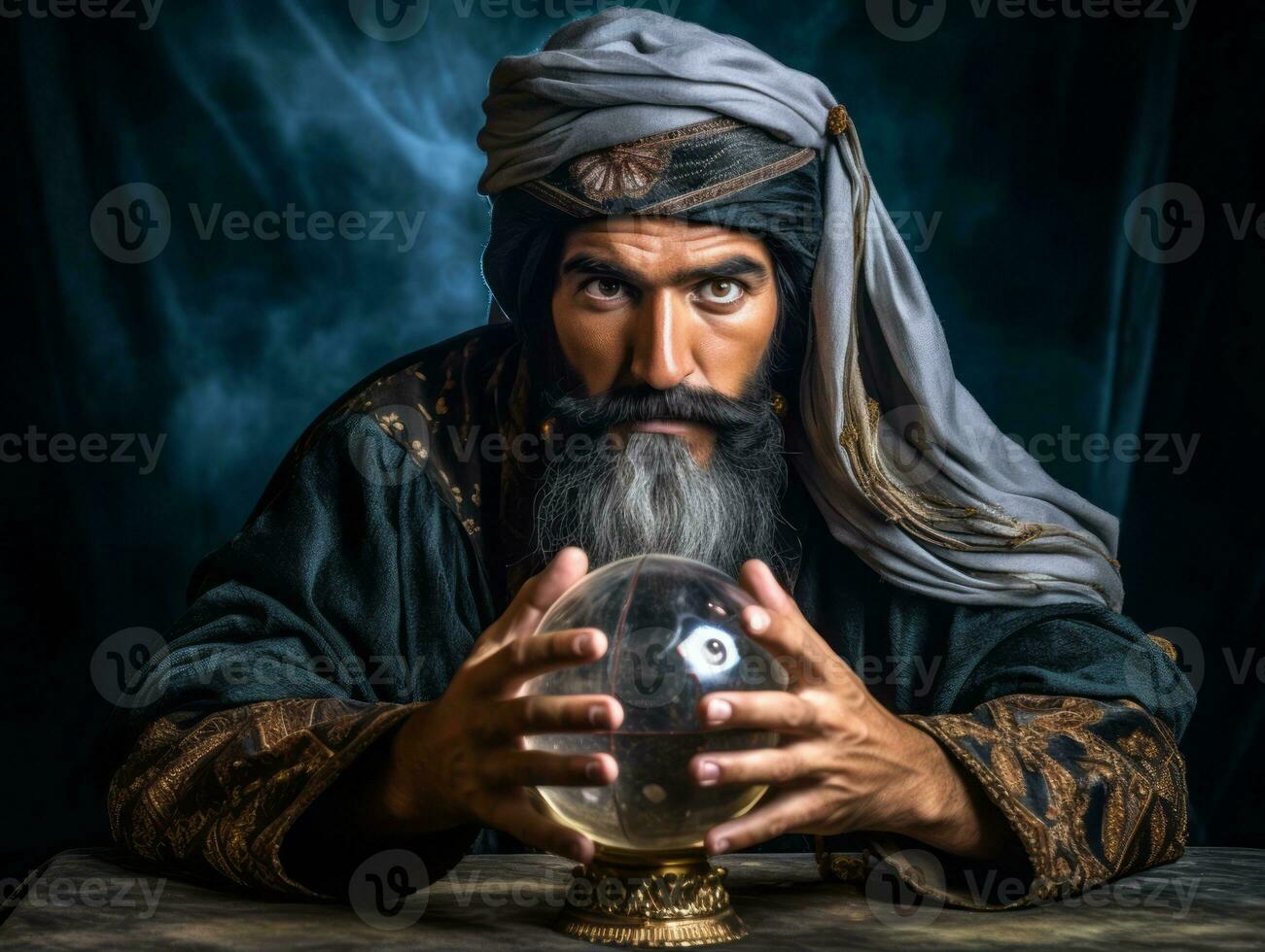 Man telling from a crystal ball dressed as a mysterious fortune teller AI Generative photo