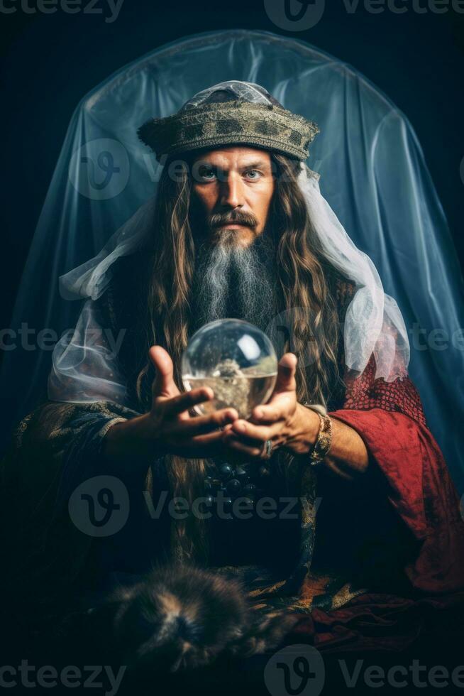 Man telling from a crystal ball dressed as a mysterious fortune teller AI Generative photo