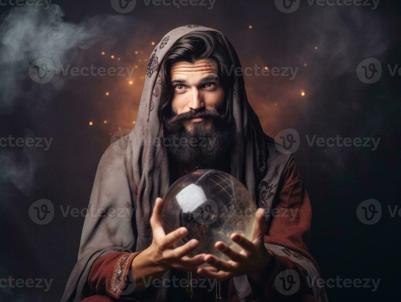 Man telling from a crystal ball dressed as a mysterious fortune teller AI Generative photo
