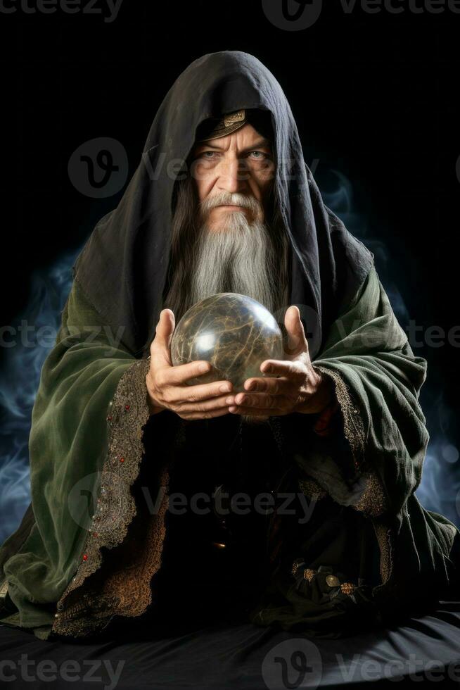 hombre narración desde un cristal pelota vestido como un misterioso fortuna cajero ai generativo foto