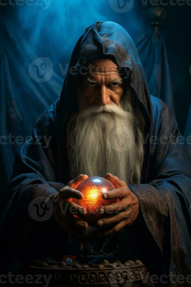 Man telling from a crystal ball dressed as a mysterious fortune teller AI Generative photo