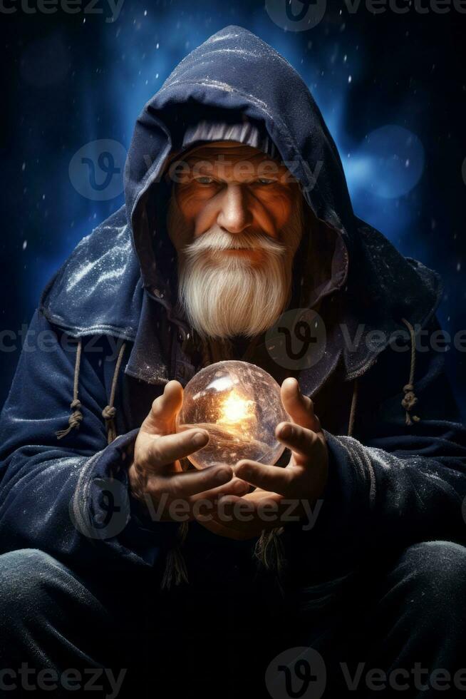 hombre narración desde un cristal pelota vestido como un misterioso fortuna cajero ai generativo foto