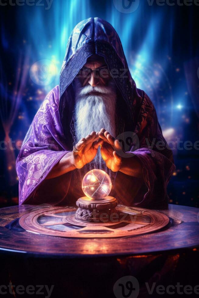 Man telling from a crystal ball dressed as a mysterious fortune teller AI Generative photo