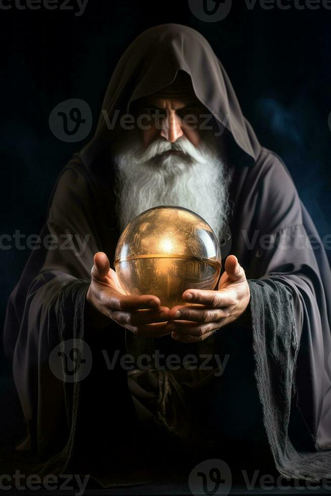 Man telling from a crystal ball dressed as a mysterious fortune teller AI Generative photo