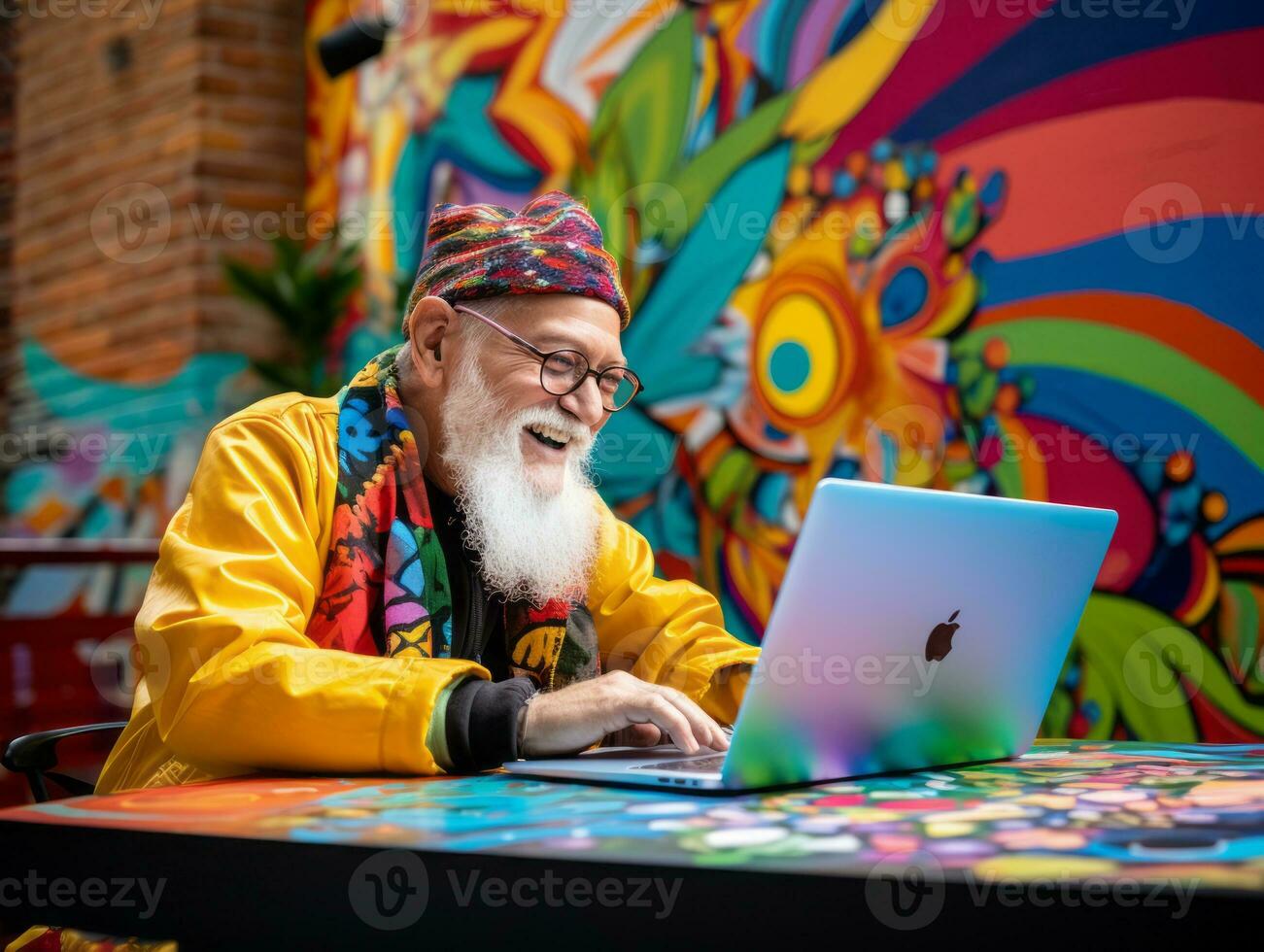 Old Colombian man working on a laptop in a vibrant urban setting AI Generative photo