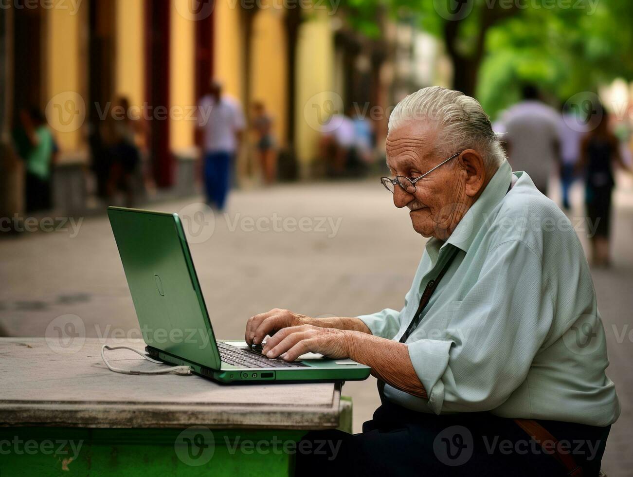 Old Colombian man working on a laptop in a vibrant urban setting AI Generative photo