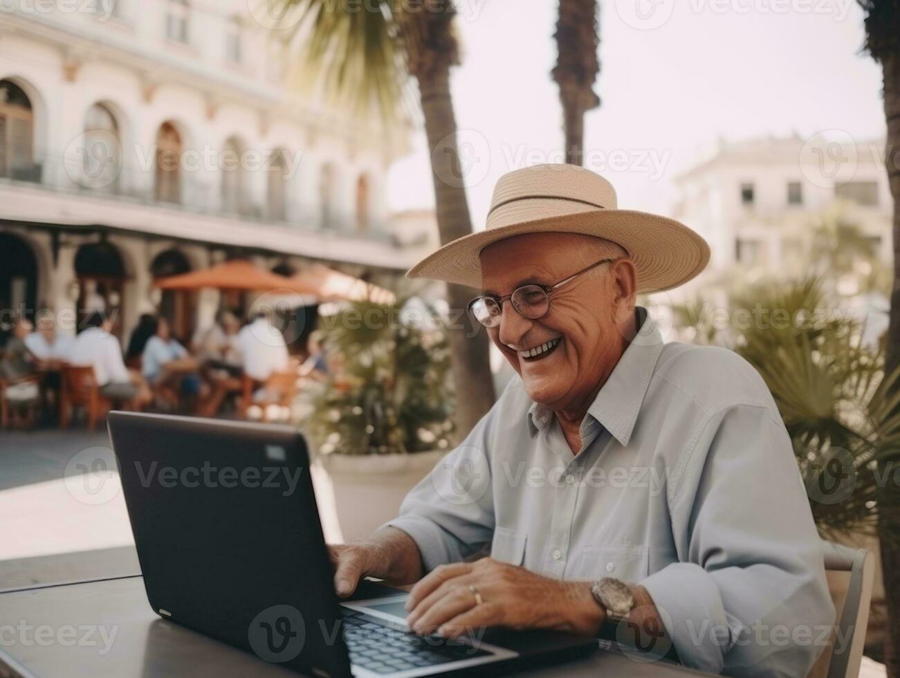 Old Colombian man working on a laptop in a vibrant urban setting AI Generative photo
