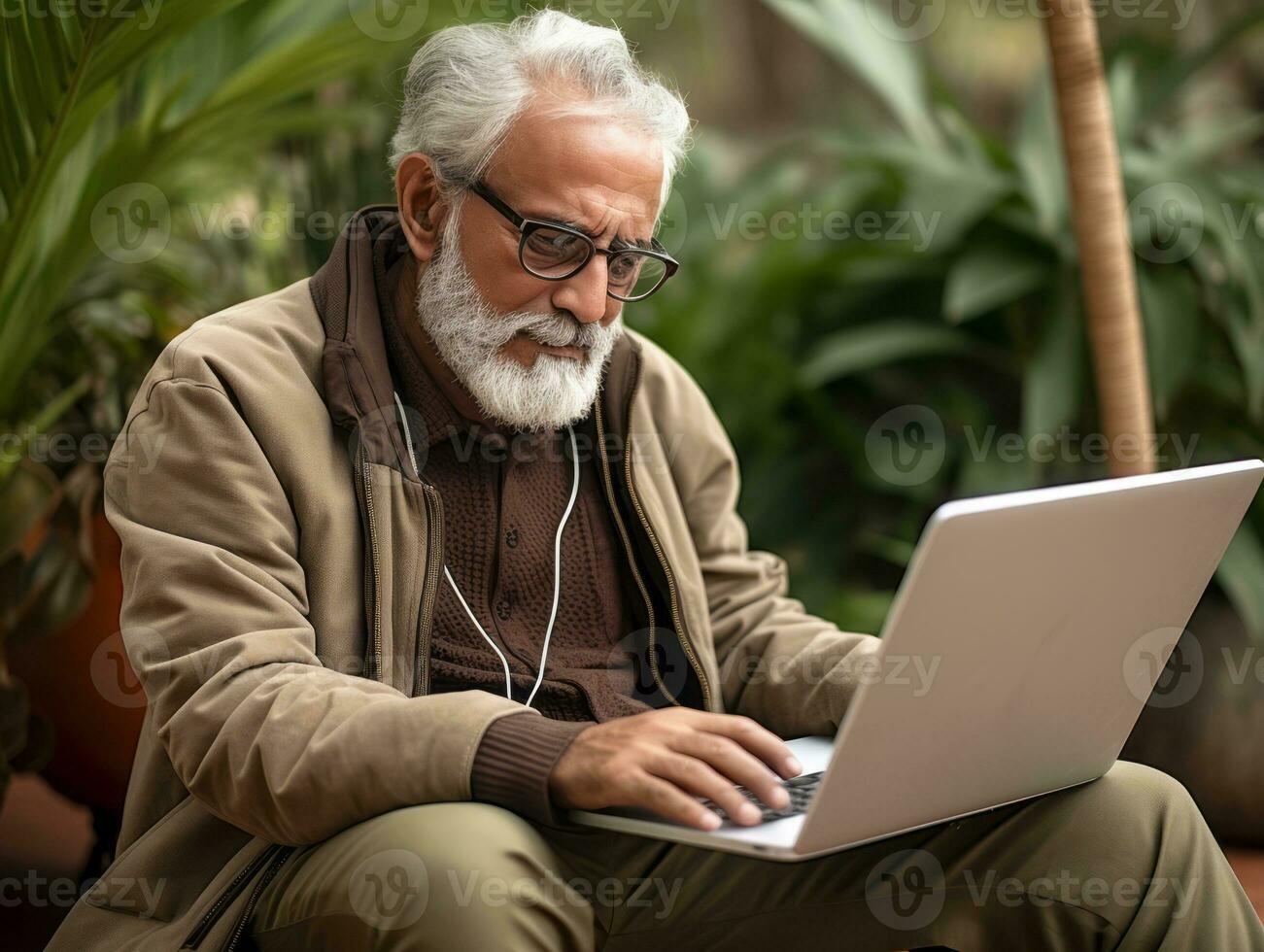 Old Colombian man working on a laptop in a vibrant urban setting AI Generative photo