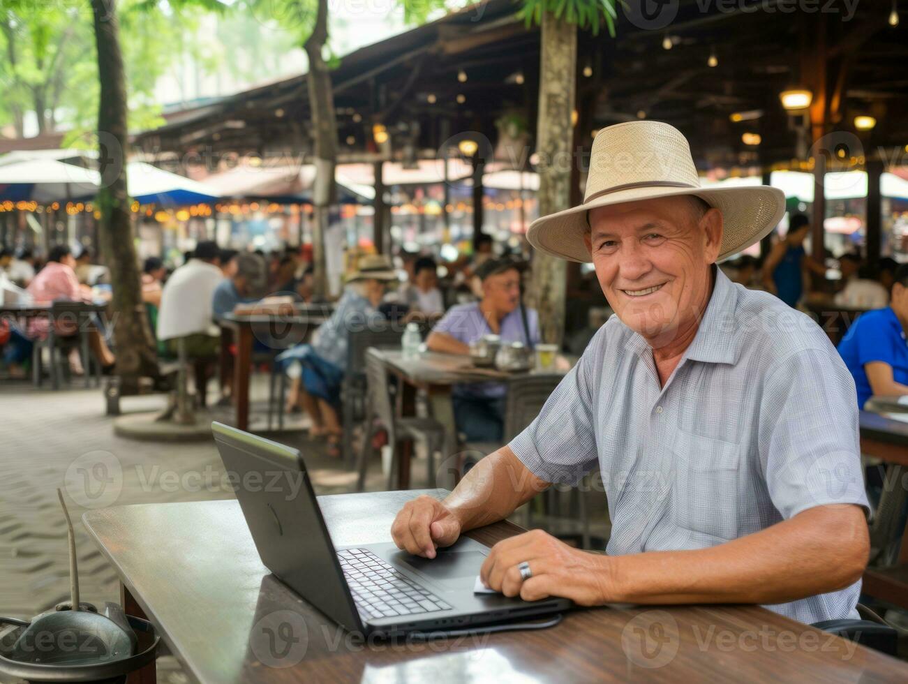 Old Colombian man working on a laptop in a vibrant urban setting AI Generative photo