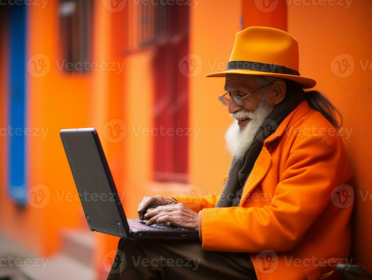 Old Colombian man working on a laptop in a vibrant urban setting AI Generative photo