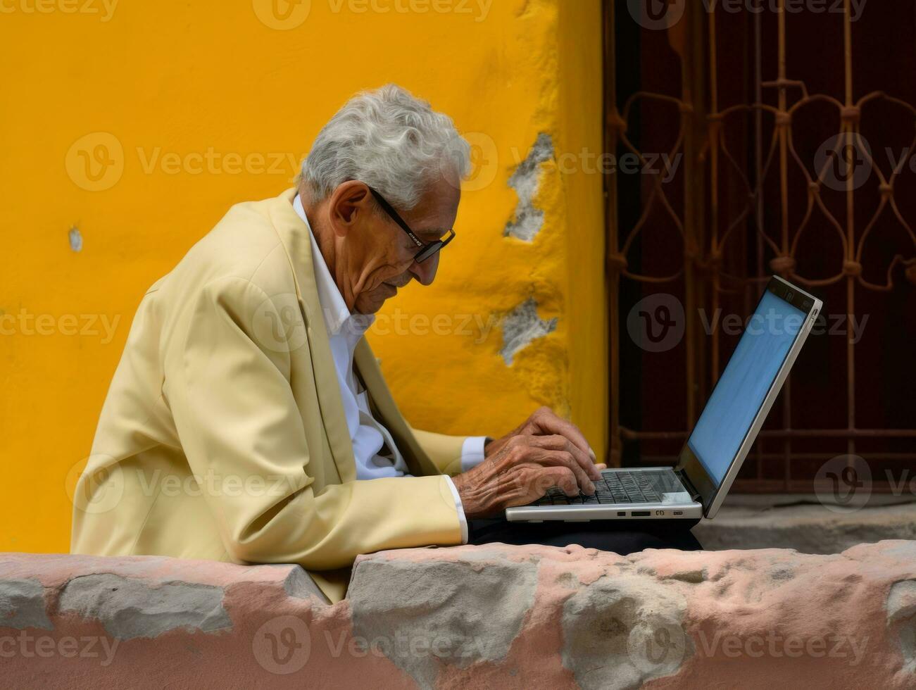 Old Colombian man working on a laptop in a vibrant urban setting AI Generative photo