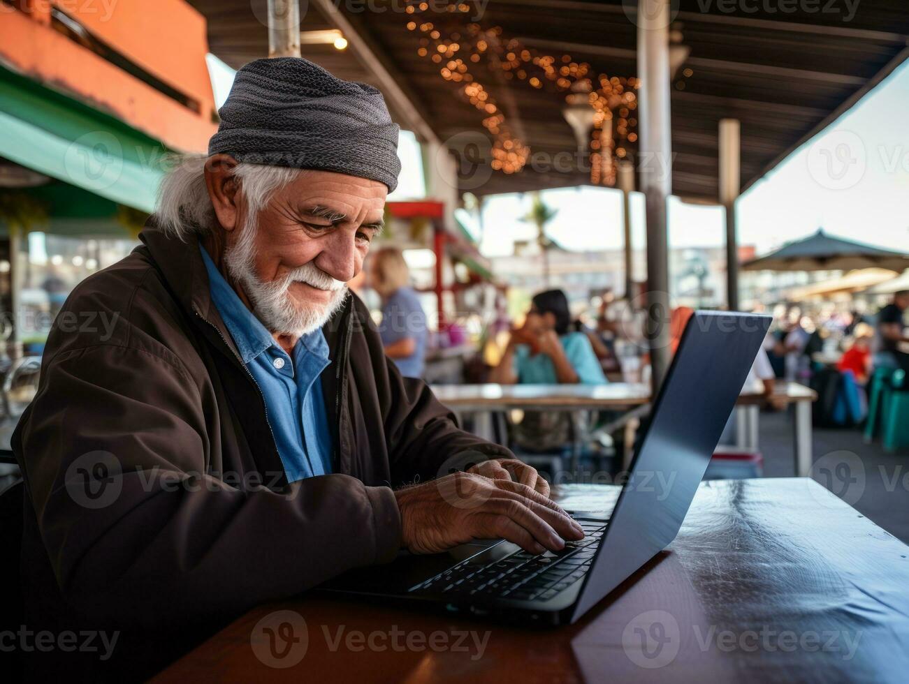 Old Colombian man working on a laptop in a vibrant urban setting AI Generative photo