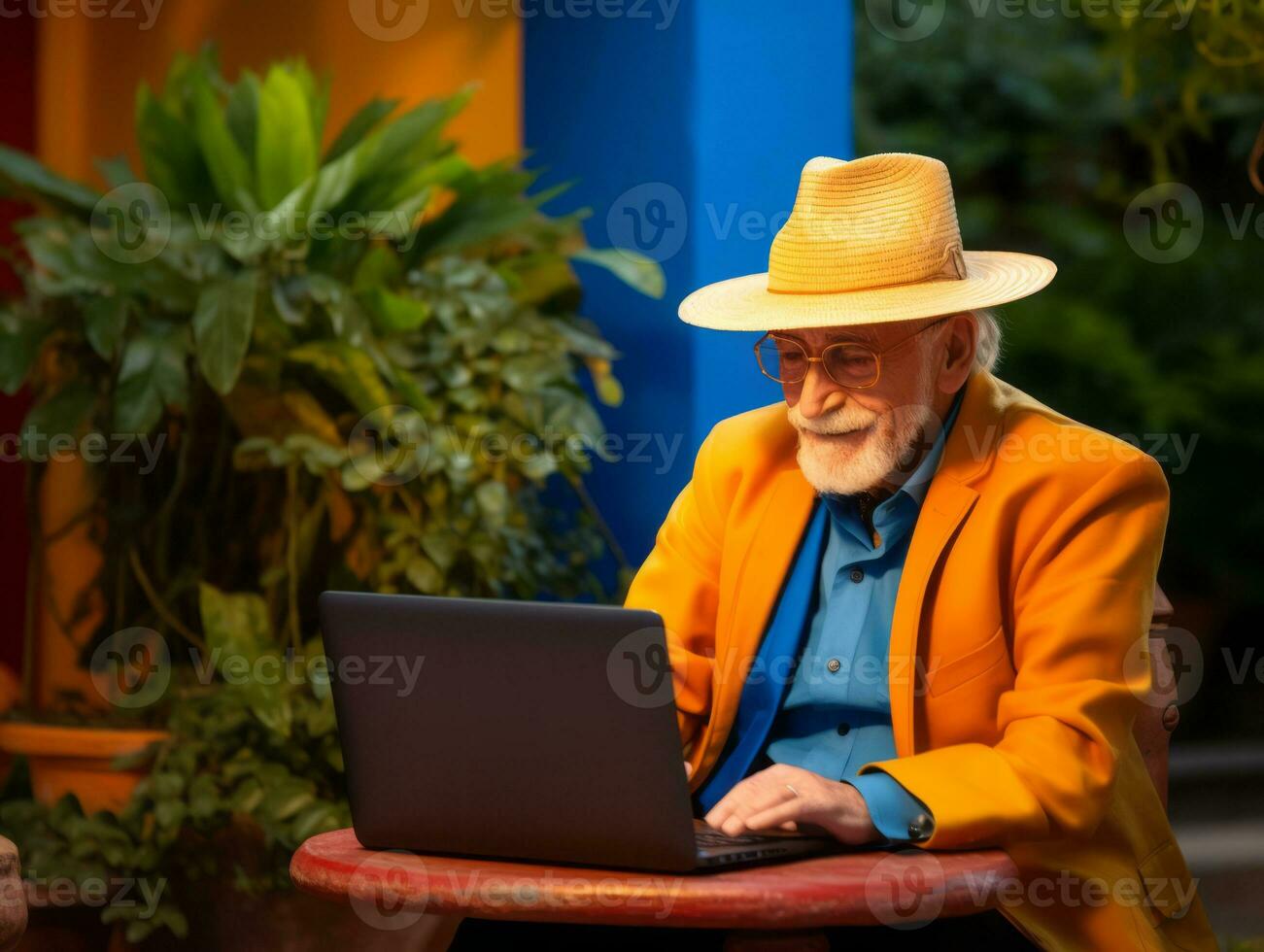 Old Colombian man working on a laptop in a vibrant urban setting AI Generative photo