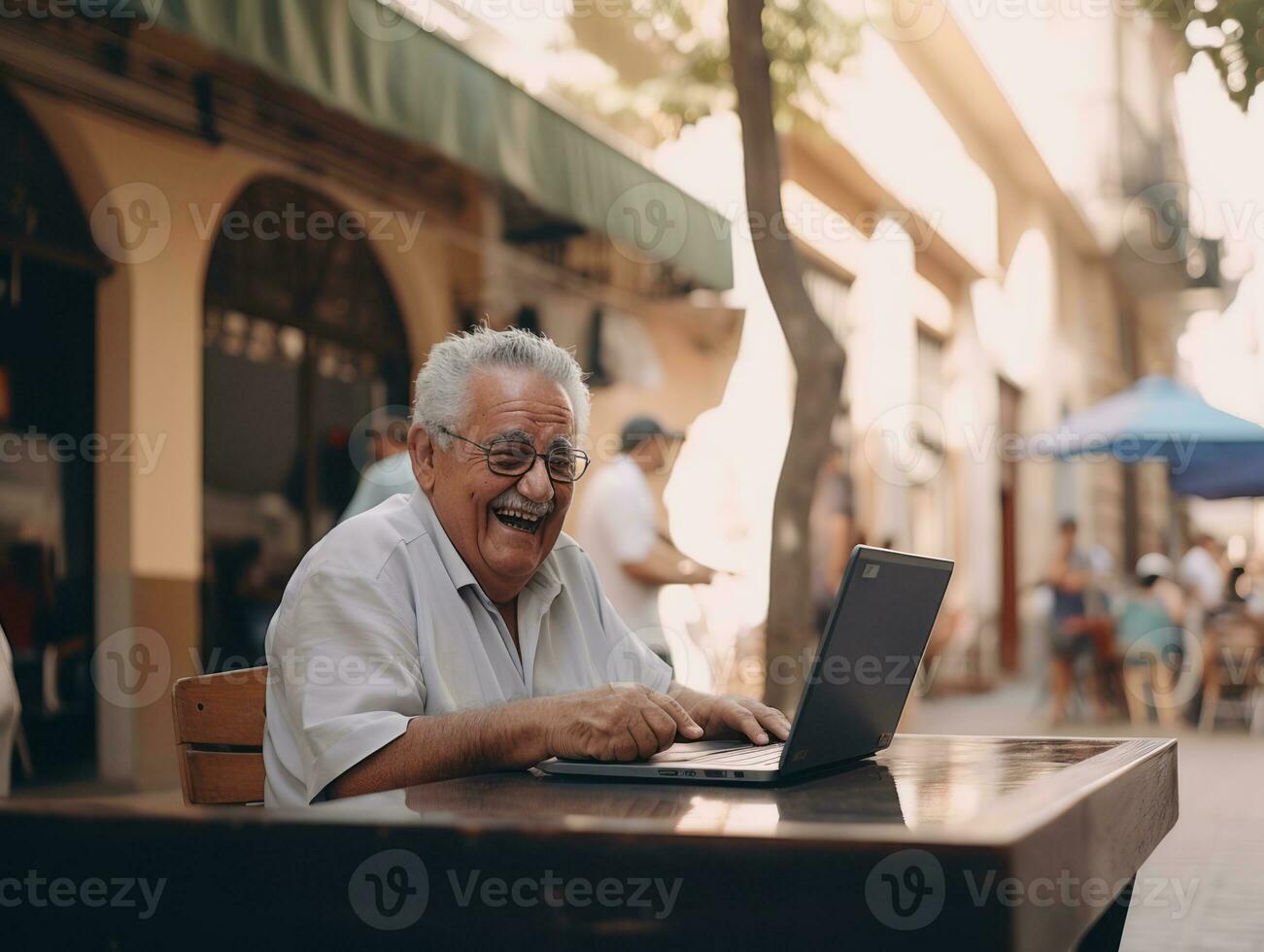 Old Colombian man working on a laptop in a vibrant urban setting AI Generative photo