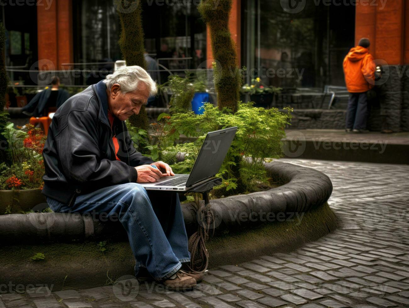 Old Colombian man working on a laptop in a vibrant urban setting AI Generative photo